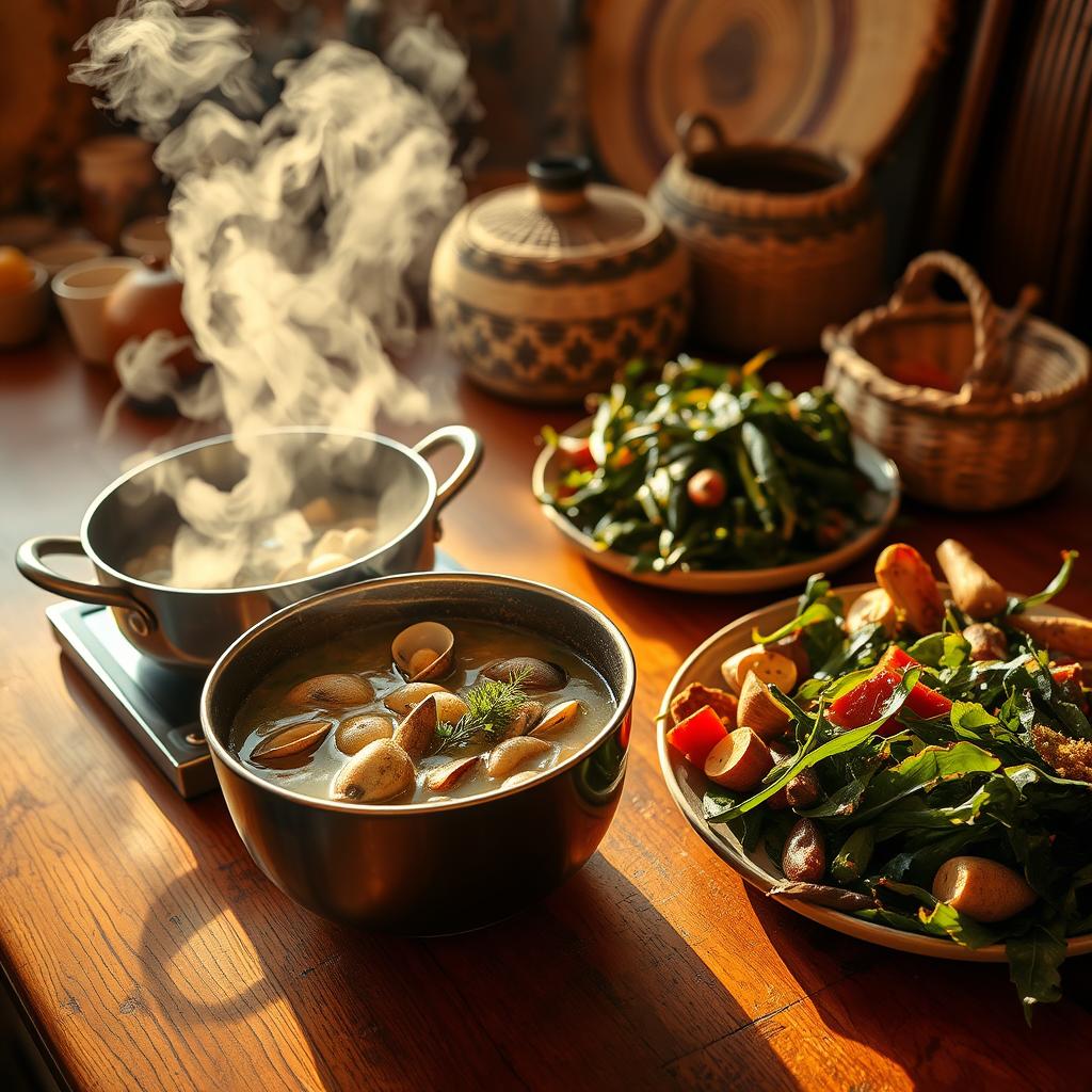 A steaming bowl of clam stew alongside fresh Pacific Coast salads with potatoes and greens, served in a rustic setting