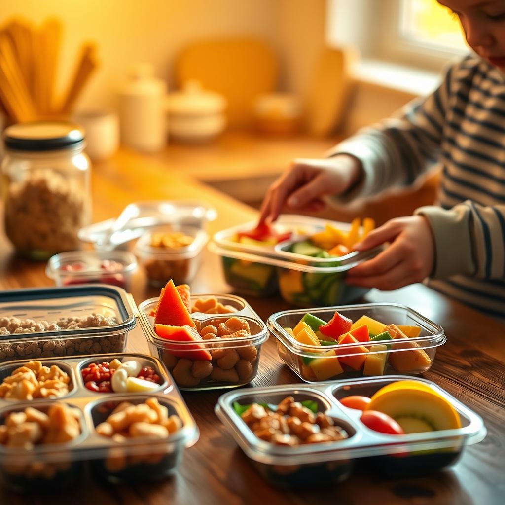 A child preparing a variety of healthy lunchboxes filled with fresh fruits, nuts, and nutritious snacks on a wooden kitchen counter.