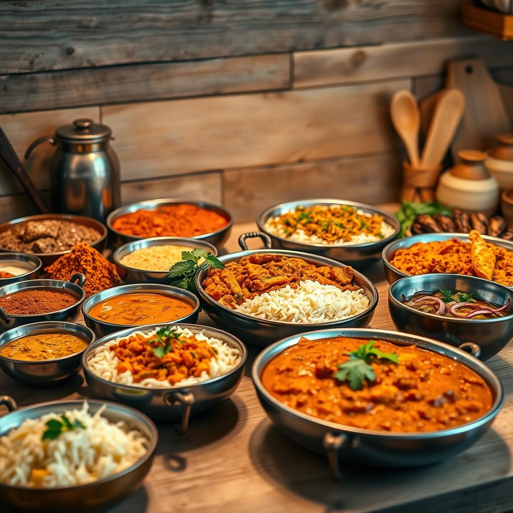 Indian lunch spread with various curries, rice, and bread in metal bowls