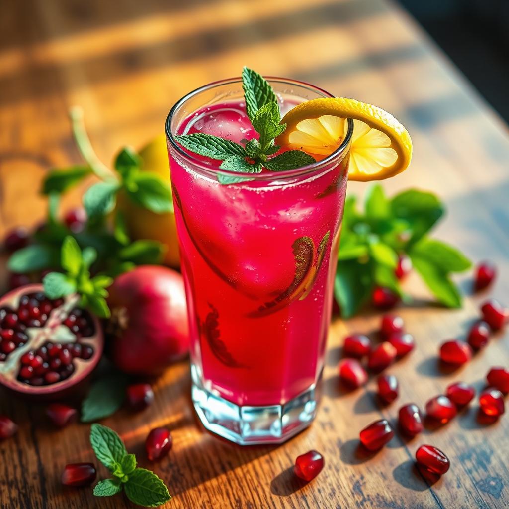 Pomegranate lemonade with fresh pomegranate seeds, mint, and lemon slices in a tall glass