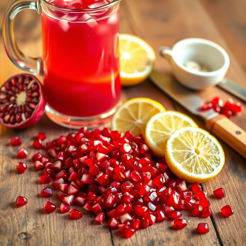 Pomegranate lemonade with fresh pomegranate seeds, sliced lemons, and a refreshing drink