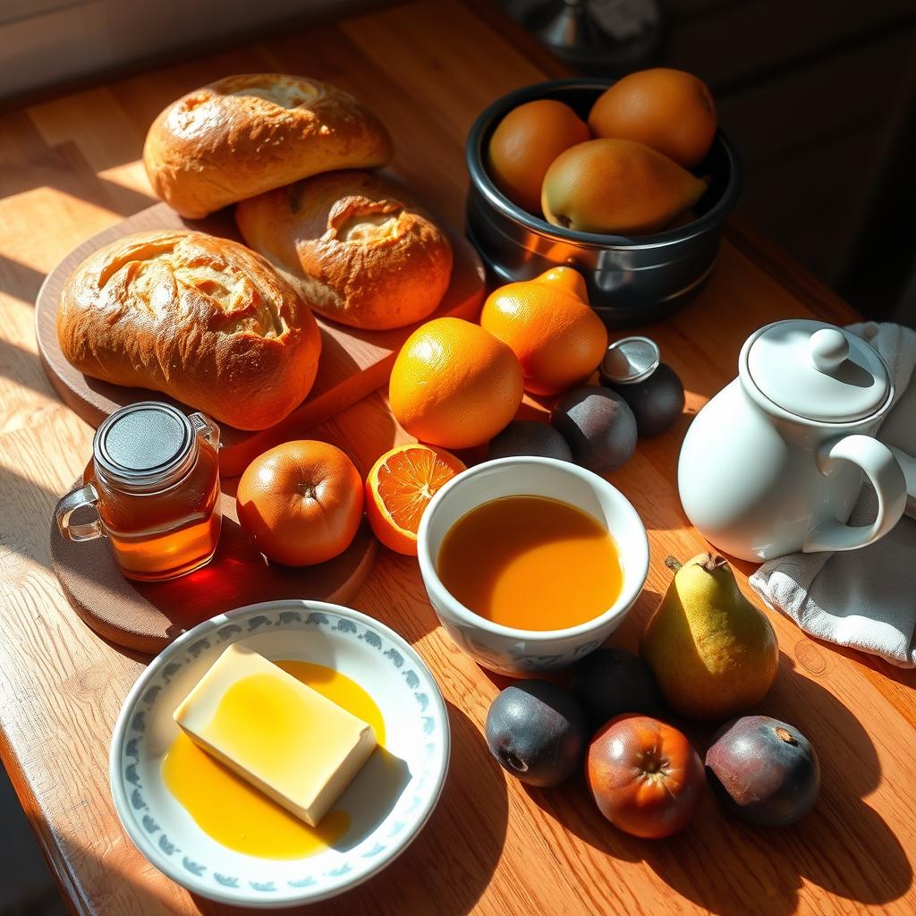 A traditional Portuguese breakfast with fresh bread, fried eggs, tomatoes, and tea served on a rustic table.