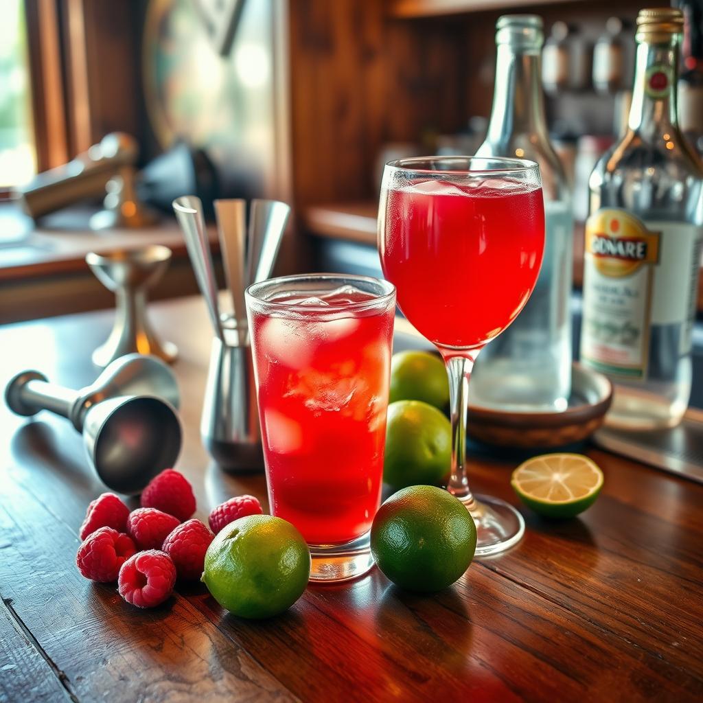 Raspberry Lime Rickey with fresh raspberries, limes, and ice in glasses