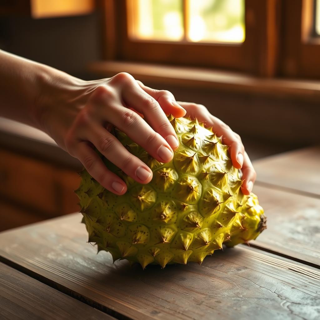 A pair of hands holding a fresh guanábana (soursop) fruit on a wooden surface, illuminated by natural light.