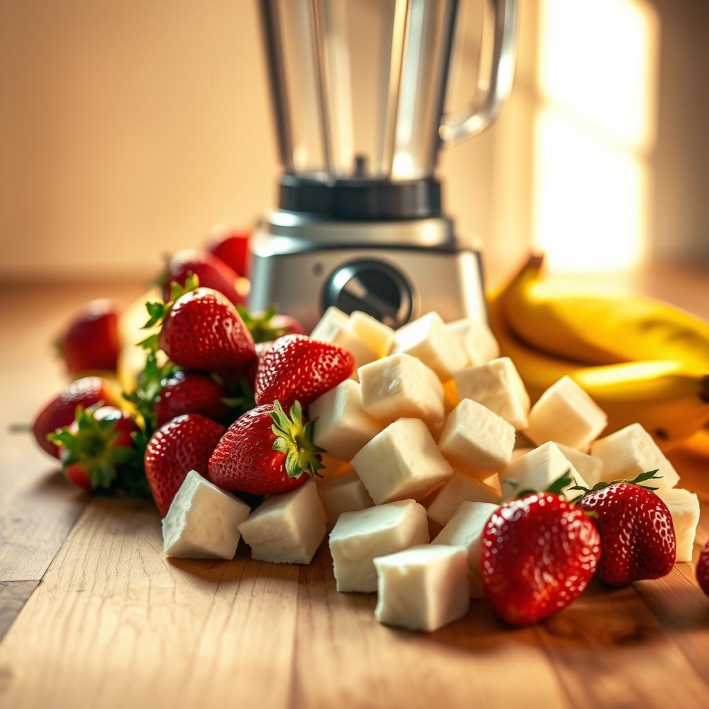 Fresh strawberries, bananas, and cubed frozen yogurt placed in front of a blender, ready to be blended into a smoothie.