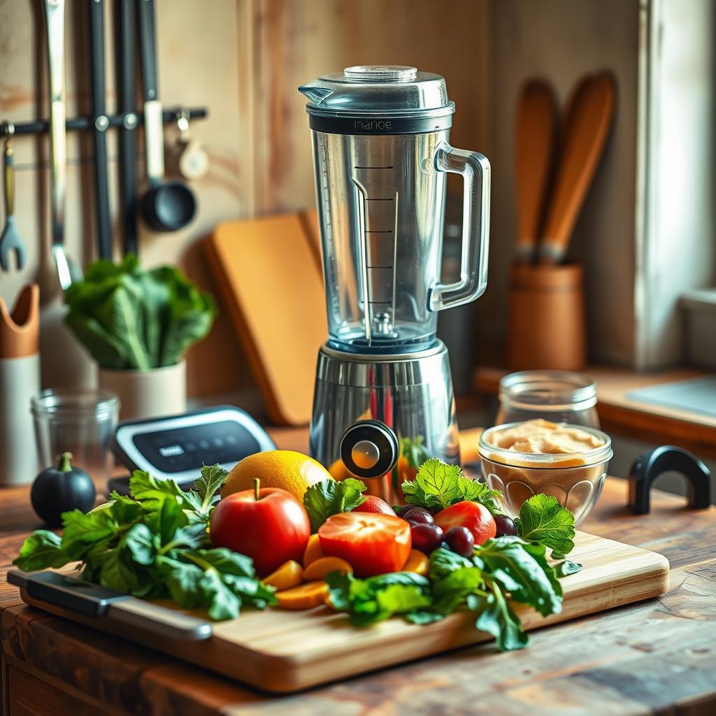 Smoothie ingredients with fresh fruits, vegetables, and a blender ready for preparation