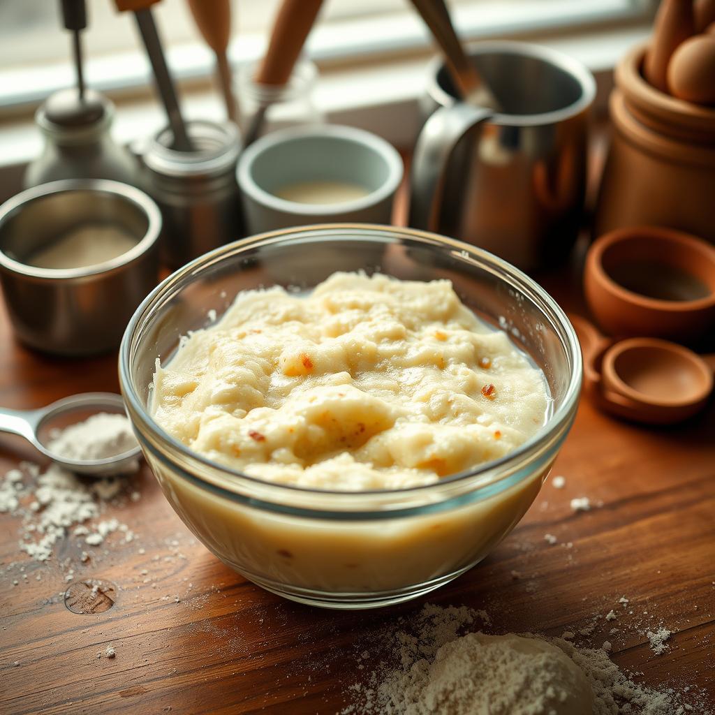 A creamy homemade sourdough pudding in a glass bowl, with a rich texture and subtle spice.