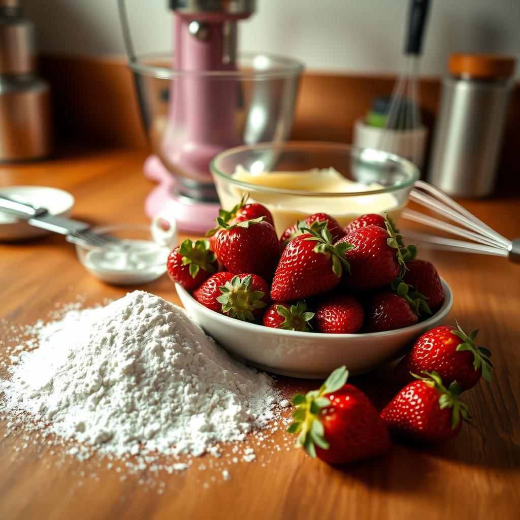 Fresh strawberries, flour, butter, and other baking ingredients arranged on a wooden countertop with a pink stand mixer in the background