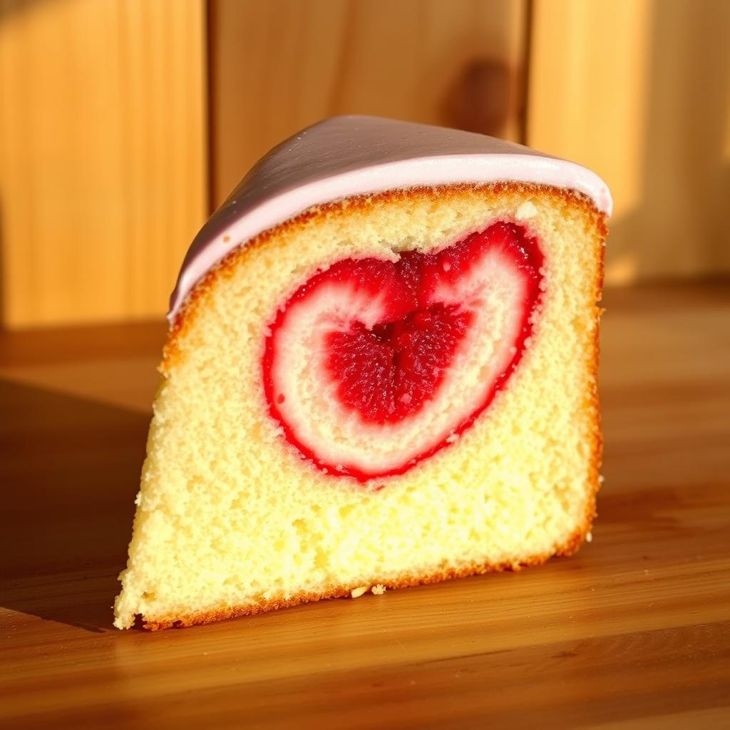 A soft and fluffy strawberry earthquake cake with a vibrant red swirl of strawberry filling, topped with smooth pink frosting, placed on a wooden surface