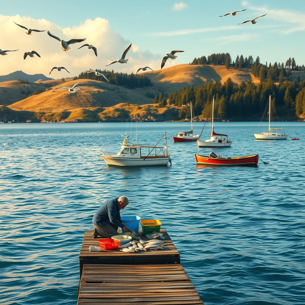 A fisherman cleaning freshly caught fish on a wooden dock, with boats floating in the Pacific Coast waters and seagulls flying overhead
