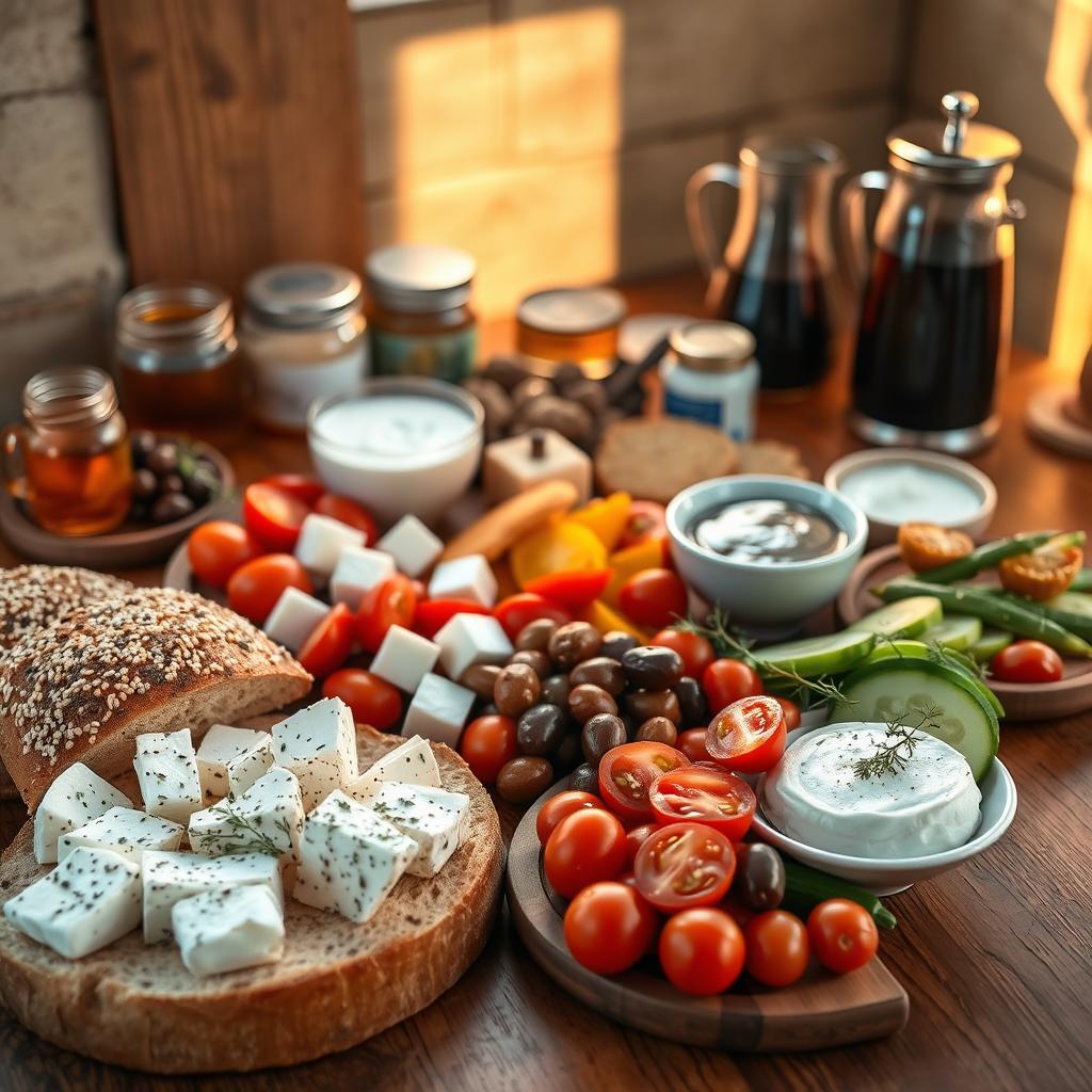 A traditional Greek breakfast with fresh bread, boiled eggs, feta cheese, olives, yogurt, and honey on a rustic table.