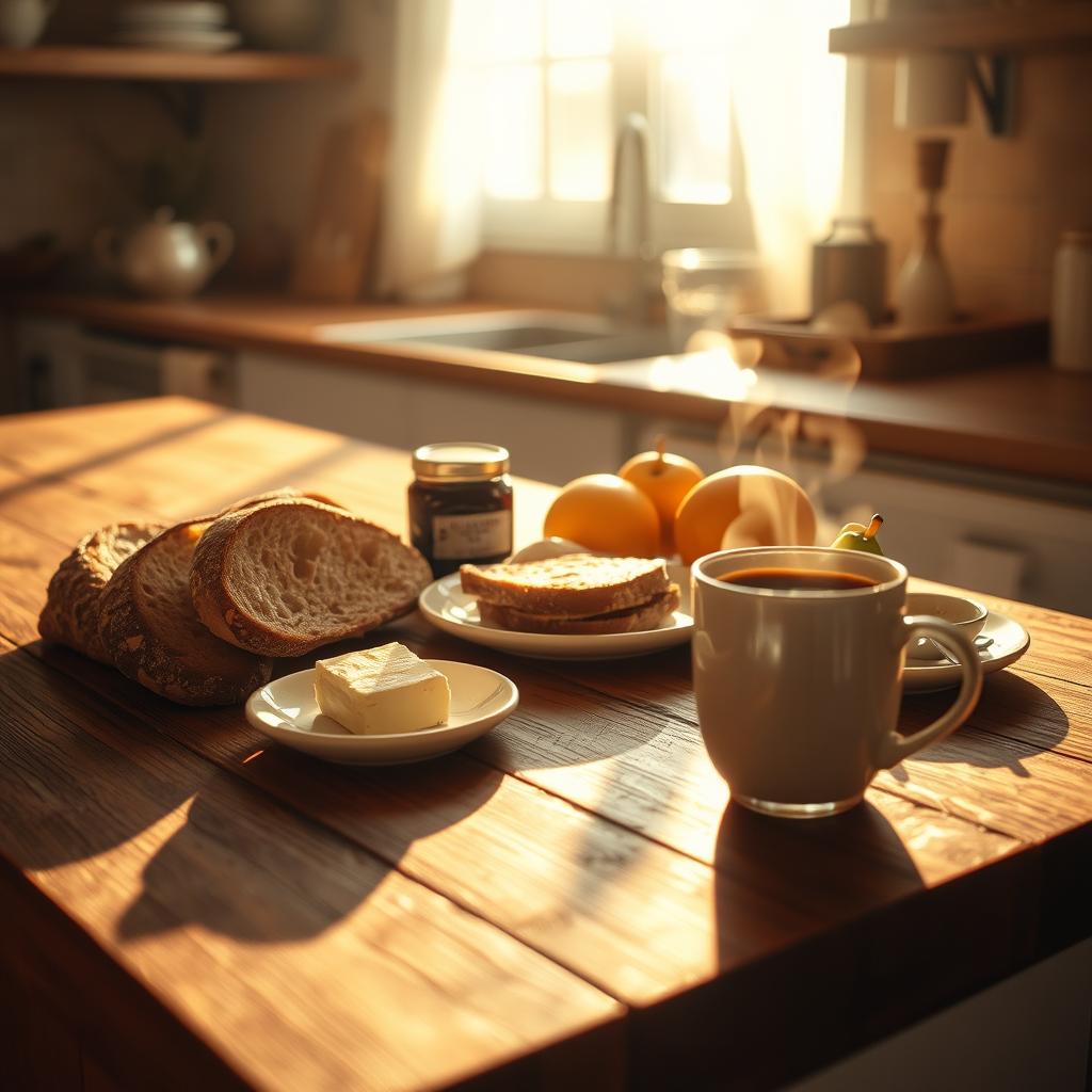 A traditional Portuguese breakfast with fresh bread, fried eggs, tomatoes, and tea served on a rustic table.