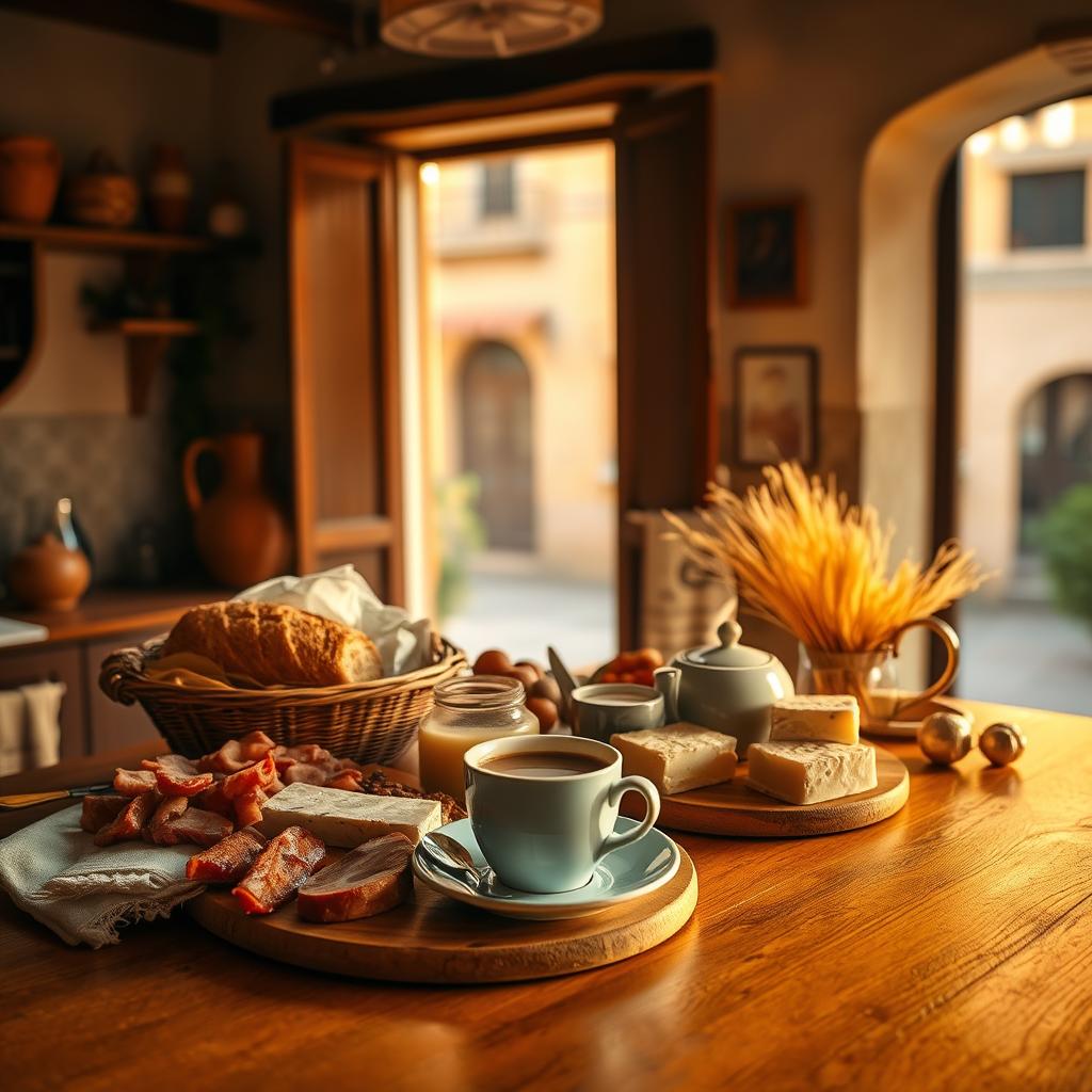 A rustic Spanish breakfast spread with coffee, cheese, cured meats, bread, and honey, set in a cozy kitchen with natural light.