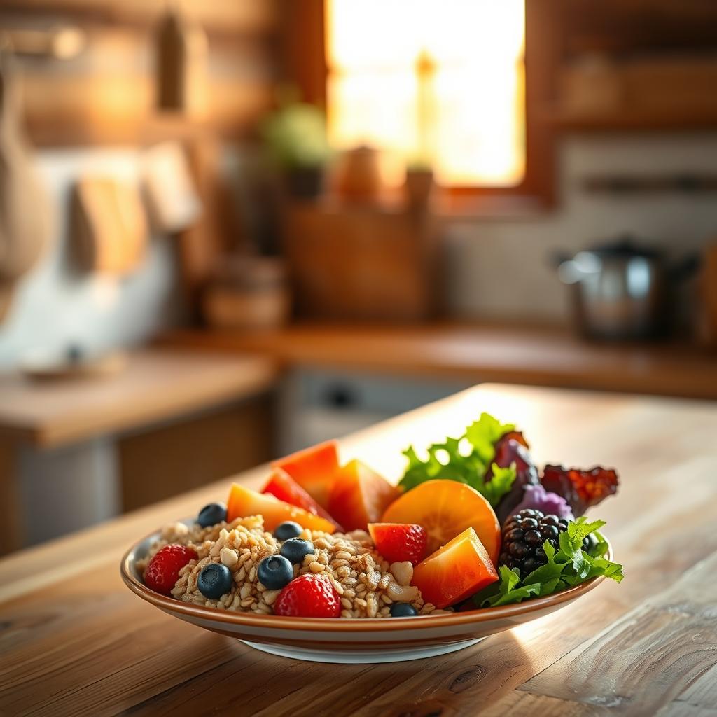 A nutritious breakfast plate with fresh fruits, oats, and leafy greens, served on a wooden table.