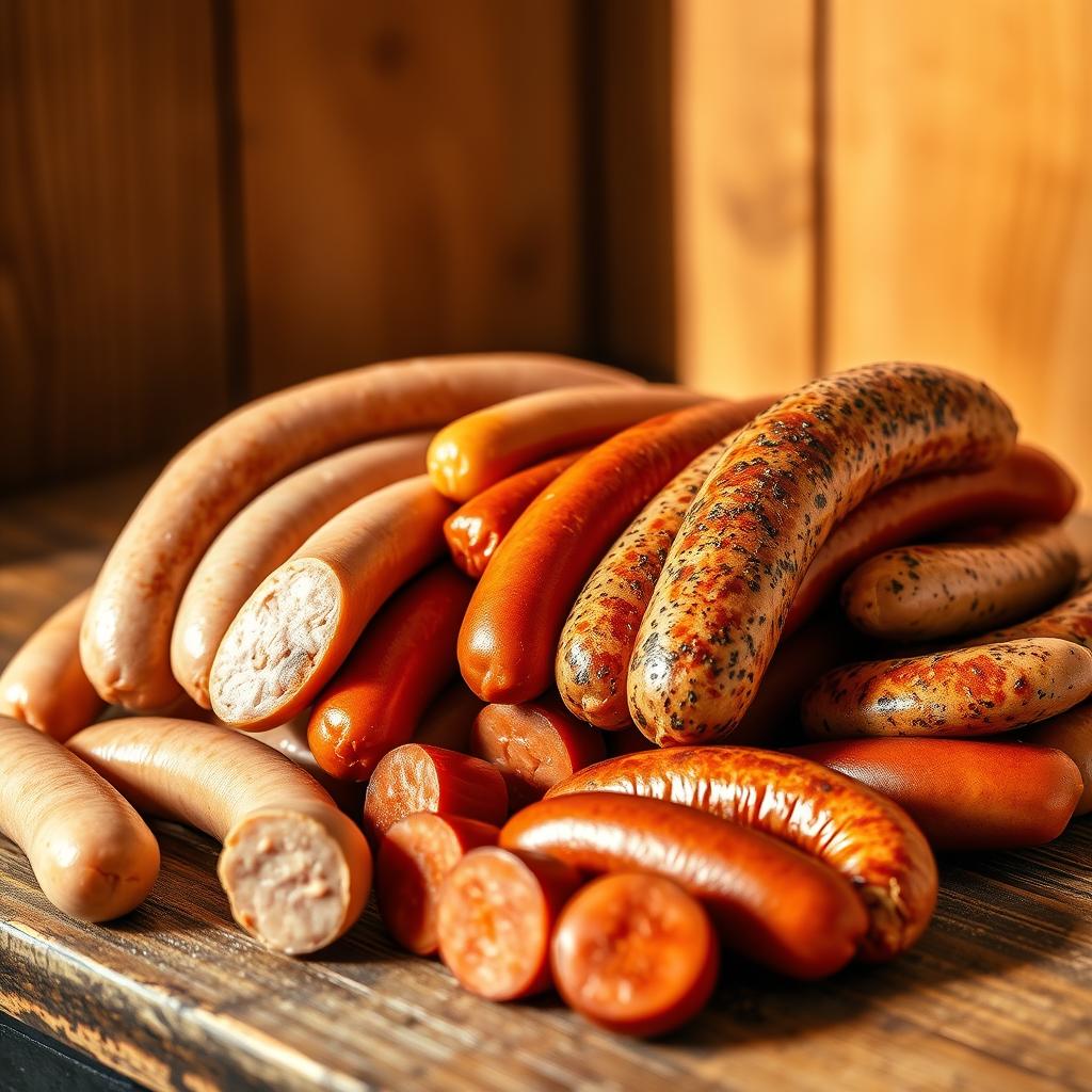 Assortment of breakfast sausage links, including smoked, grilled, and fresh varieties, displayed on a rustic wooden surface.