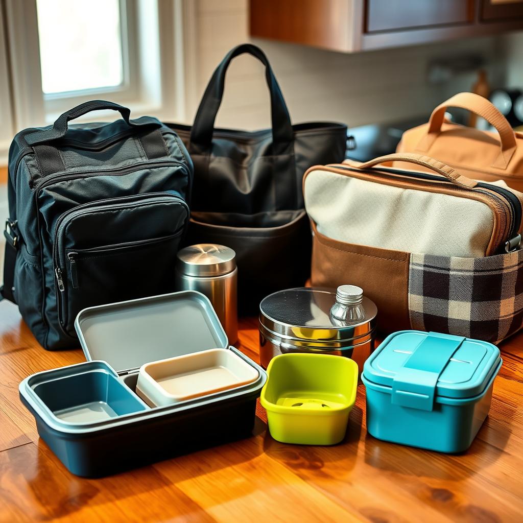 A collection of meal prep lunch bags and containers in various styles, designed for easy and organized food storage.