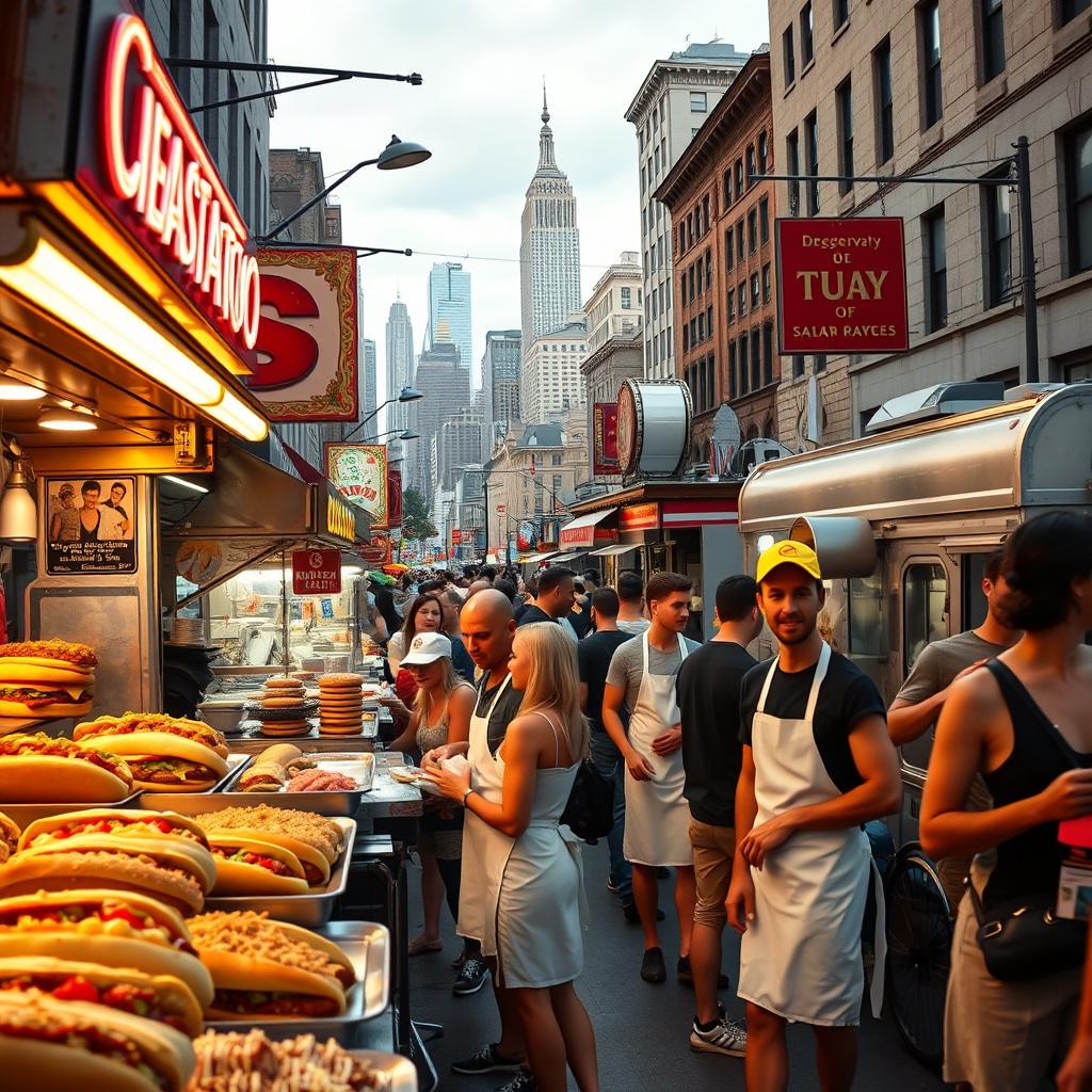 Bustling urban street food market with vendors serving hot dogs, burgers, and sandwiches in a lively city setting.