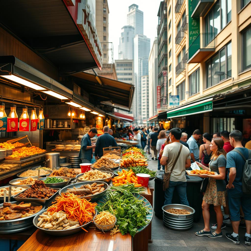 Bustling street food market with a variety of fresh ingredients, fried snacks, and aromatic dishes served to a crowd of eager customers.