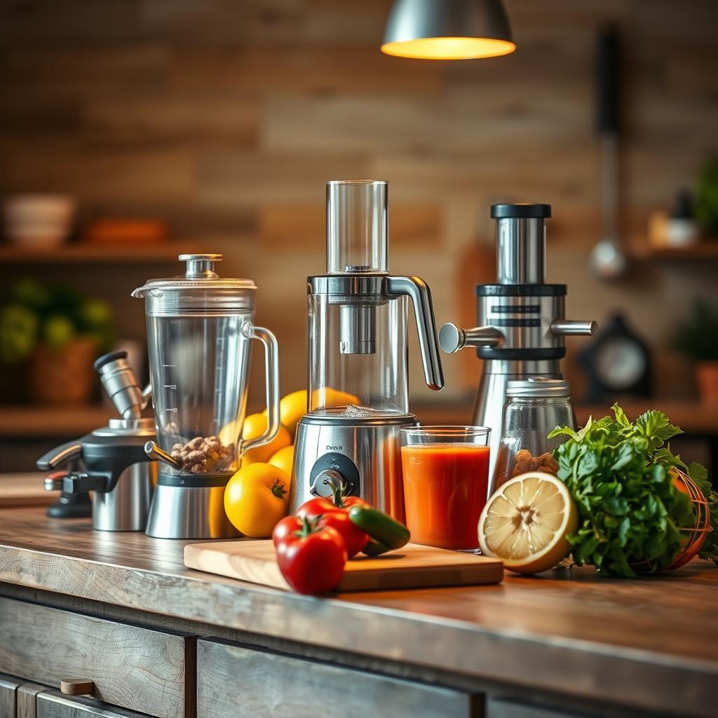 A modern kitchen setup with high-quality juicers, blenders, and fresh ingredients like tomatoes, citrus, and herbs for making healthy drinks.