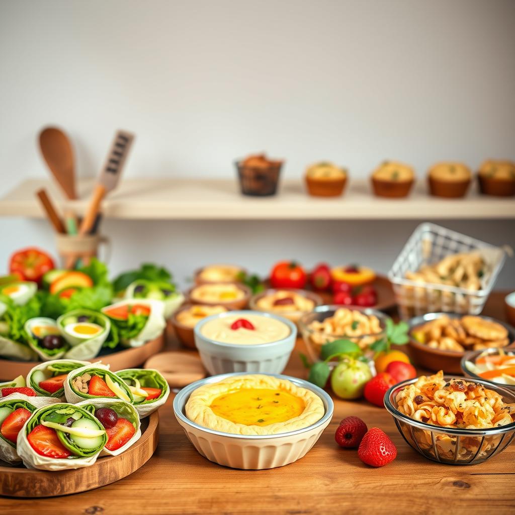 A delicious and colorful spread of healthy brunch dishes, including fresh salads, egg wraps, quiche, fruits, and baked goods on a wooden table.