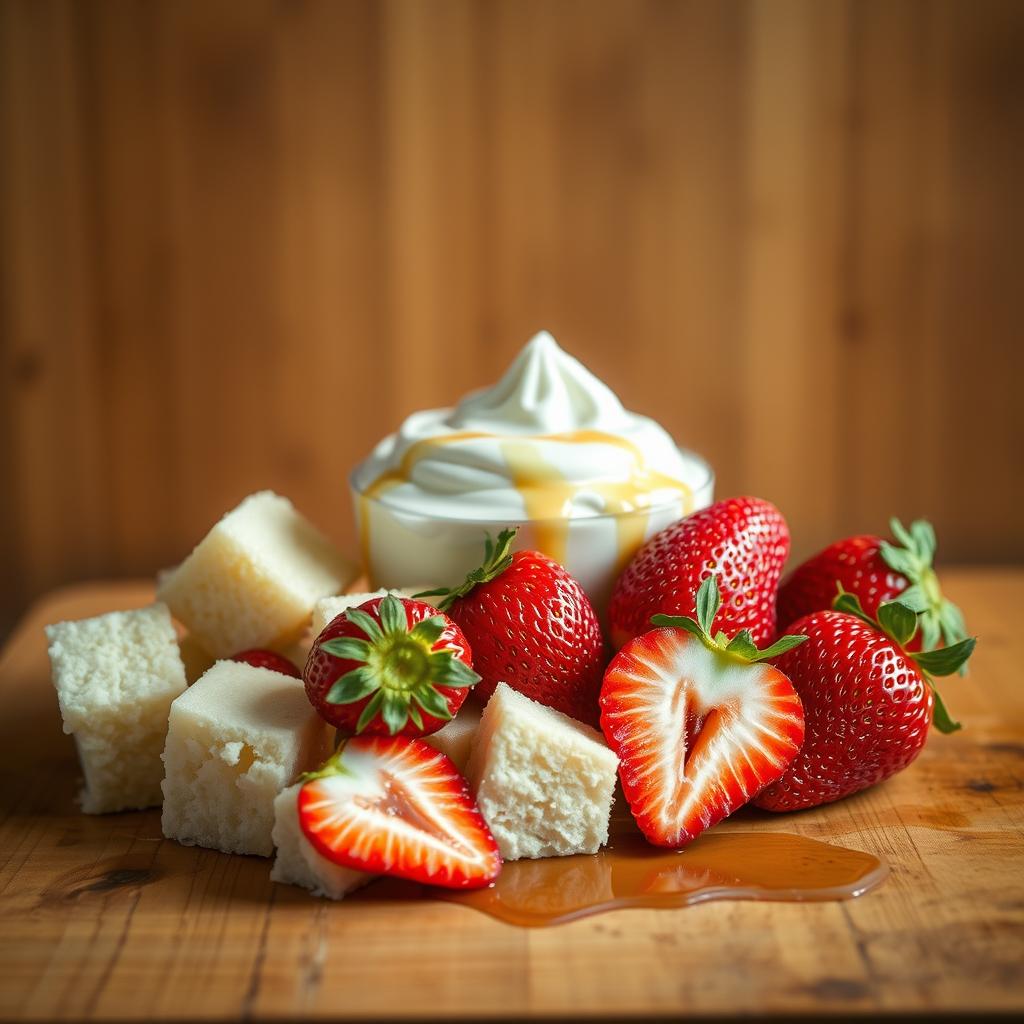 Fresh strawberries, cubed angel food cake, and a bowl of whipped yogurt drizzled with honey, beautifully arranged on a wooden surface.