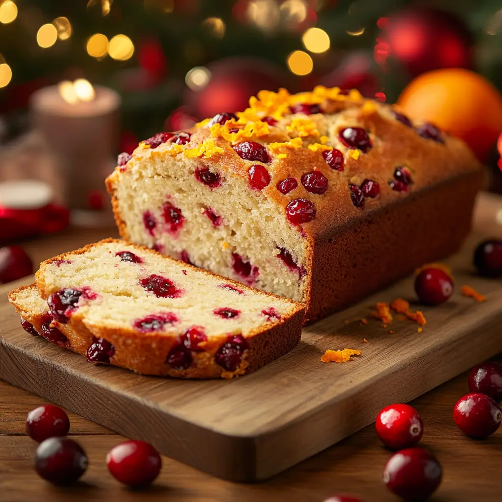 A fresh loaf of homemade cranberry bread with a golden brown crust, sliced on a wooden cutting board, showcasing the vibrant cranberries and orange zest inside, with a festive background.