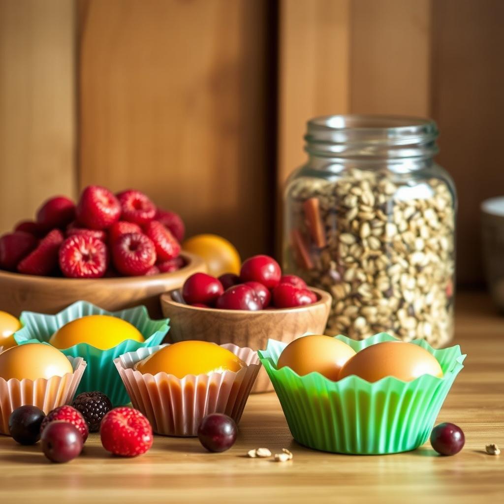 Frozen breakfast with egg muffins, fresh berries, and granola for a healthy and convenient morning meal.