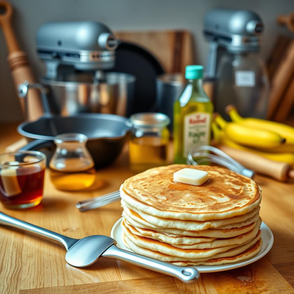 McDonalds pancake recipe with a stack of fluffy pancakes, butter, and breakfast ingredients