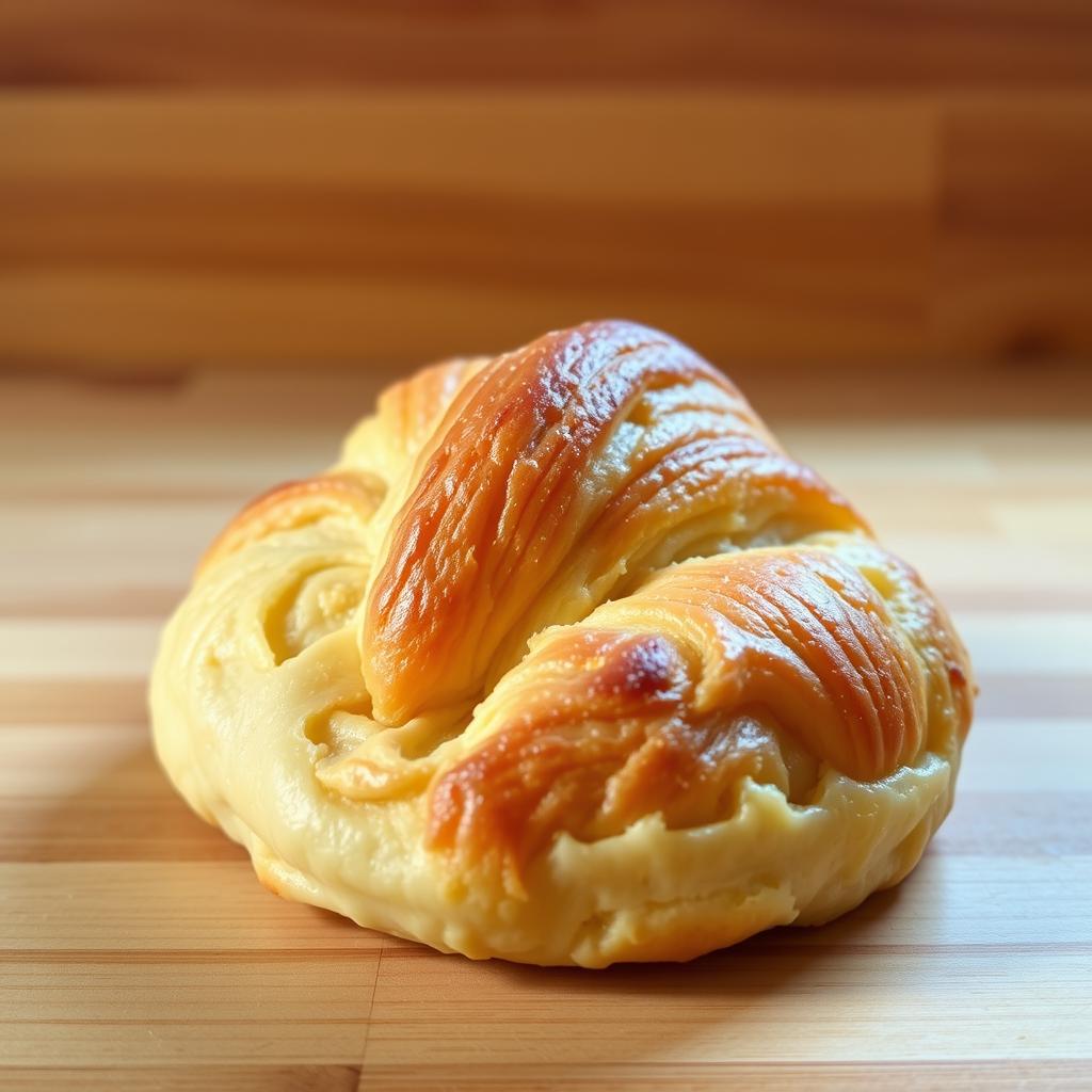 A soft and flaky crookie with golden layers and a creamy filling, resting on a wooden surface