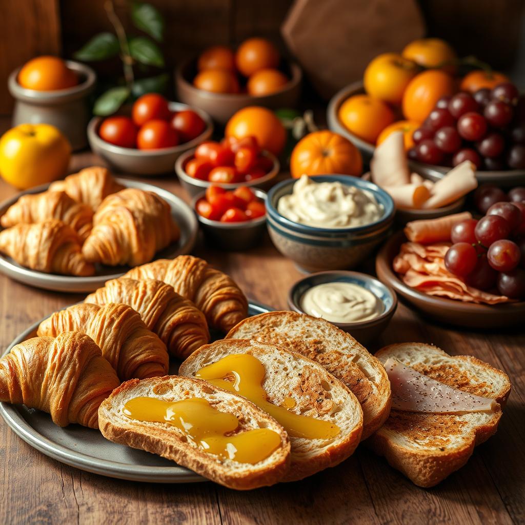 A traditional Spanish breakfast spread with croissants, toast with honey, fresh fruits, cured meats, and creamy dips on a wooden table.