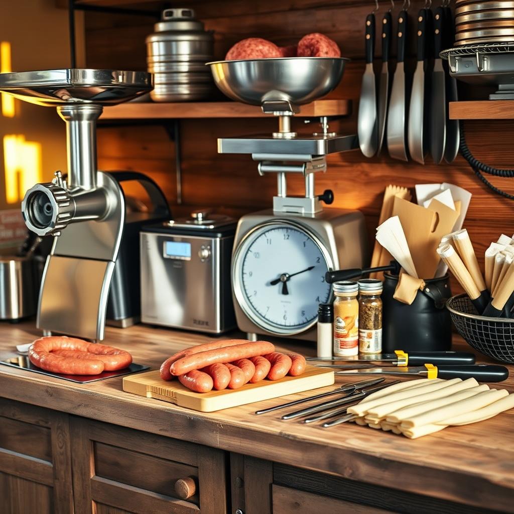 Traditional sausage-making setup with fresh breakfast sausage links, a meat grinder, spices, and natural casings in a rustic kitchen.