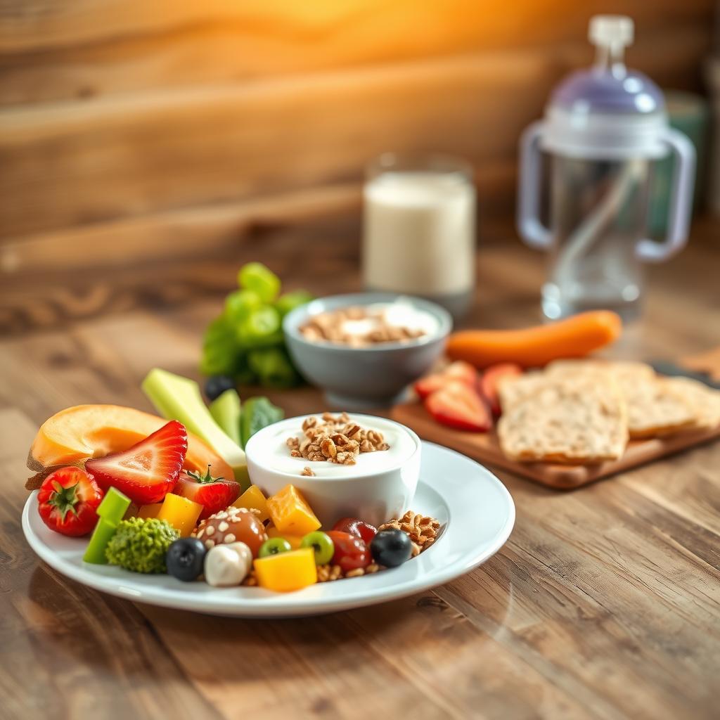 A healthy toddler lunch with fresh fruits, vegetables, yogurt, and whole-grain crackers, served on a wooden table with a sippy cup and milk