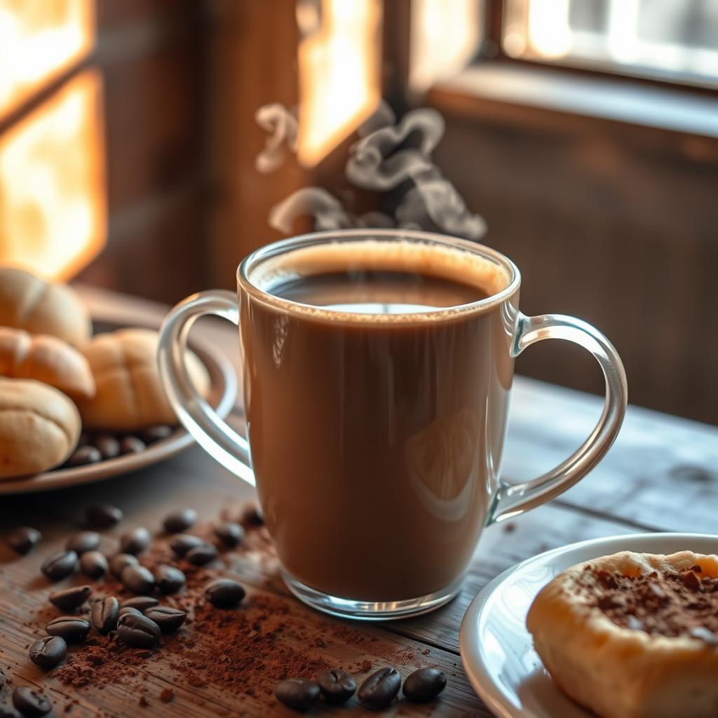A steaming mug of mocha coffee, its rich brown liquid framed by a delicate crema layer. Sunlight filters through the window, casting a warm glow over the scene. The mug rests on a rustic wooden table, surrounded by a sprinkling of cocoa powder and a few stray coffee beans. The aroma of chocolate and freshly brewed espresso fills the air, creating a cozy, inviting atmosphere. A plate of fluffy, golden-brown pastries sits nearby, hinting at the perfect pairing for this indulgent coffee creation.