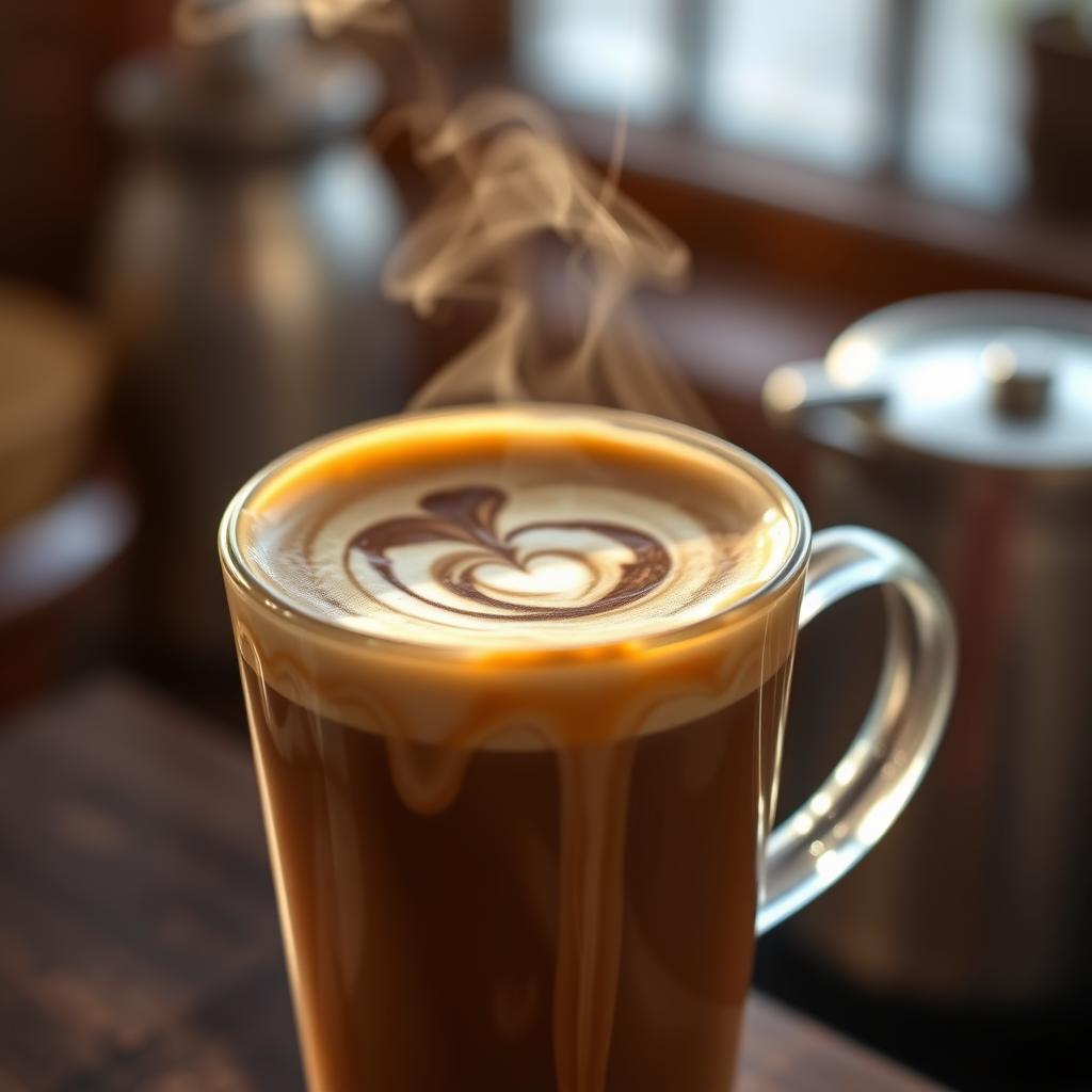 A delicious mocha with a heart-shaped foam design, served in a glass mug.