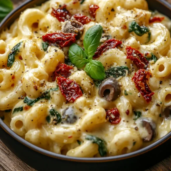 Mediterranean Mac and Cheese Recipe Mediterranean Mac and Cheese with spinach, sun-dried tomatoes, feta, and olives