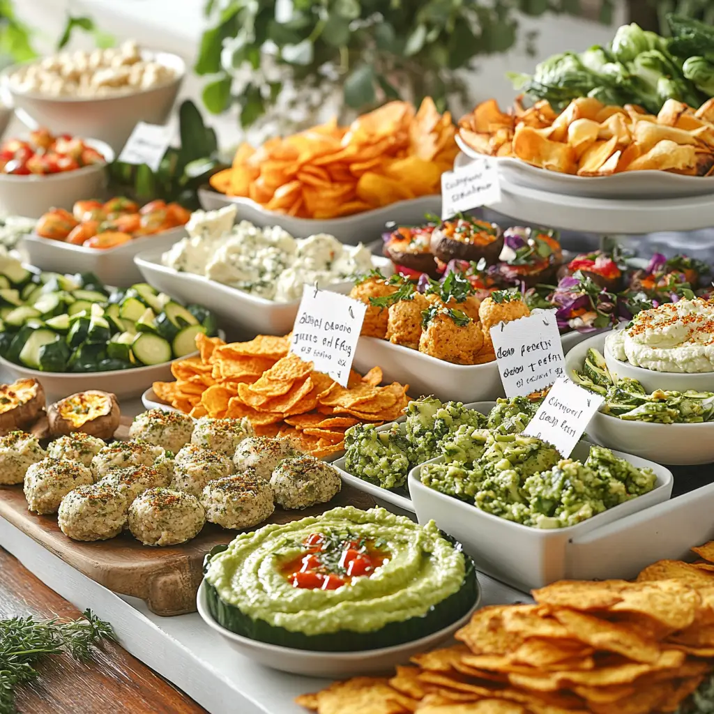 Gluten-free and dairy-free appetizers including guacamole, hummus, stuffed mushrooms, sweet potato chips, and veggie bites, beautifully arranged for a party