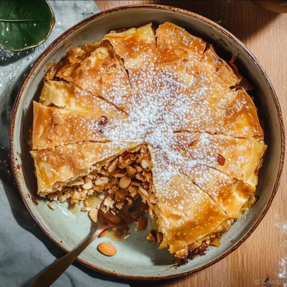 Chicken Pastilla Recipe Moroccan chicken pastilla with powdered sugar and almonds in a golden flaky crust