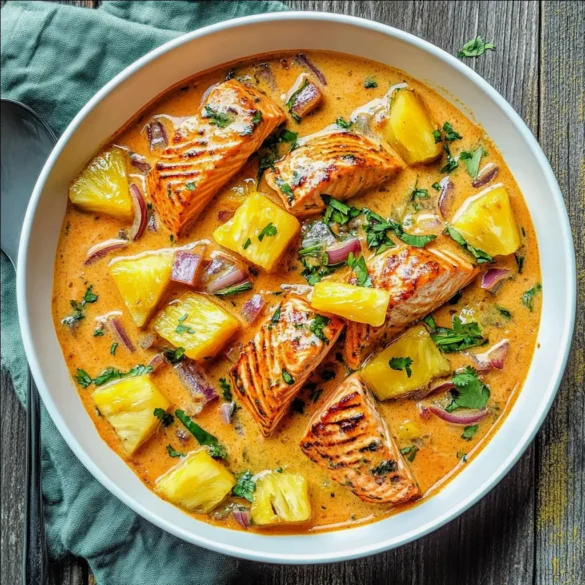 Salmon Pineapple Curry Thai-style salmon curry with pineapple and coconut milk in a white bowl