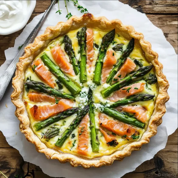Smoked Salmon Asparagus Quiche Smoked salmon and asparagus quiche with ricotta in a golden crust