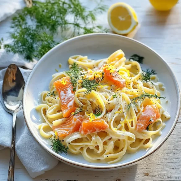 Smoked Salmon Lemon Fettuccine Fettuccine with smoked salmon, lemon cream sauce, and dill