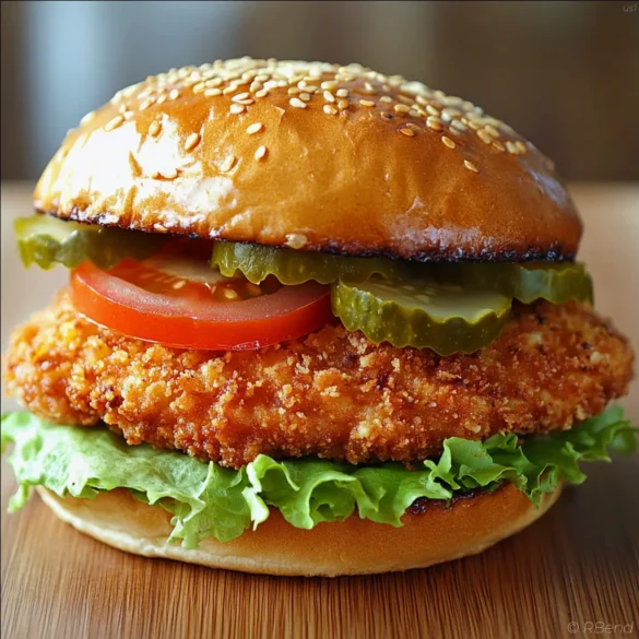 Ranch Chicken Katsu Sandwich Crispy ranch chicken katsu sandwich with lettuce, tomato, and pickles on toasted sesame bun