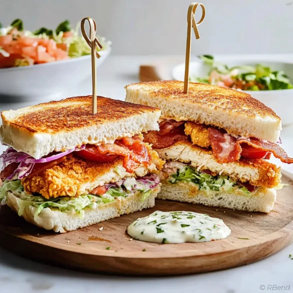 Chicken Cutlet Club Sandwich Chicken cutlet club sandwich stacked with bacon, cabbage, tomatoes, and ranch on white bread