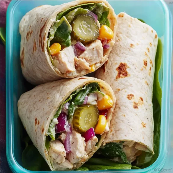 Sweet and Tangy Chicken Wrap Sweet and tangy chicken wraps sliced in halves with spinach, chicken, yogurt, and pickles