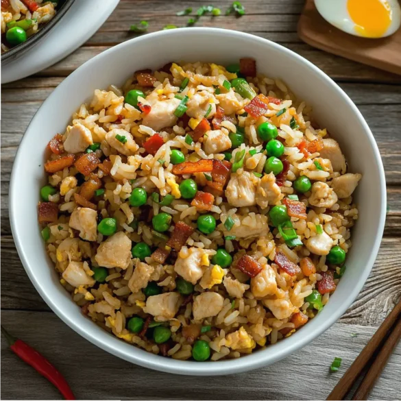 Airfryer Chicken Fried Rice Airfryer chicken fried rice with peas, bacon, eggs, and chili served in a white bowl