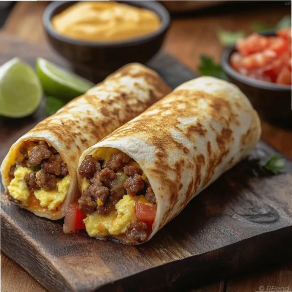 Burrito scrambled eggs and sausage Burrito filled with scrambled eggs, spicy sausage, cheese, and tomato on a wooden table