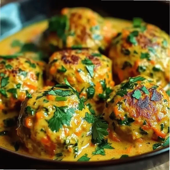 Carrot Chickpea Curry Coconut Meatballs Golden carrot and chickpea meatballs in creamy coconut curry sauce garnished with fresh coriander