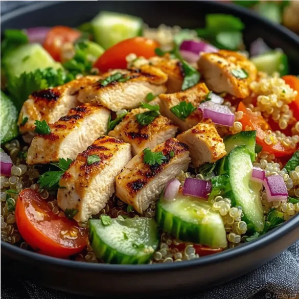 Chicken Quinoa Salad Chicken quinoa salad with diced chicken, avocado, cucumber, tomato, and fresh herbs in a bowl