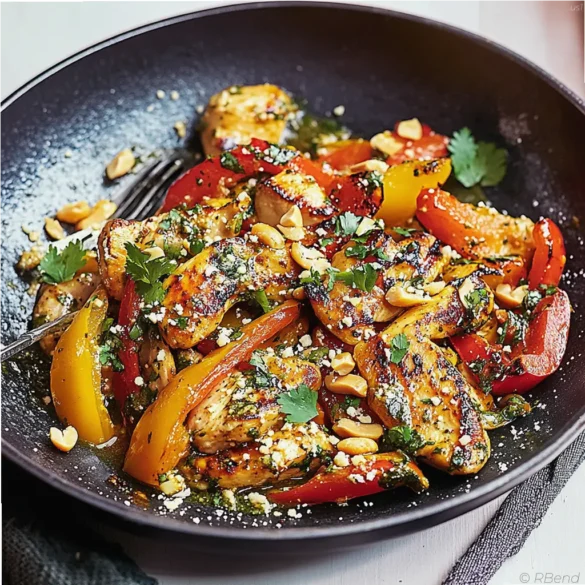 Chicken Stir-Fry with Bell Peppers Chicken stir-fry with colorful bell peppers, peanuts, and fresh cilantro in a wok