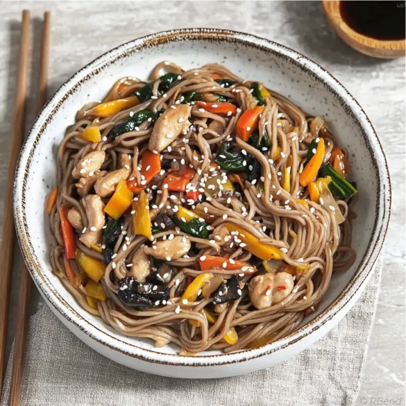 Chicken Stir-Fry with Chinese Noodles Chicken stir-fry with soy noodles and mixed vegetables in a white bowl