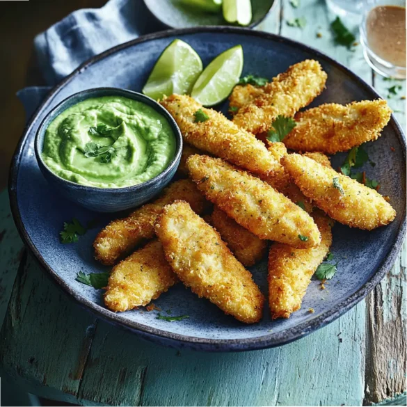 Coconut Crusted Chicken with Avocado Sauce Crispy coconut crusted chicken tenders served with creamy avocado sauce and lime wedges